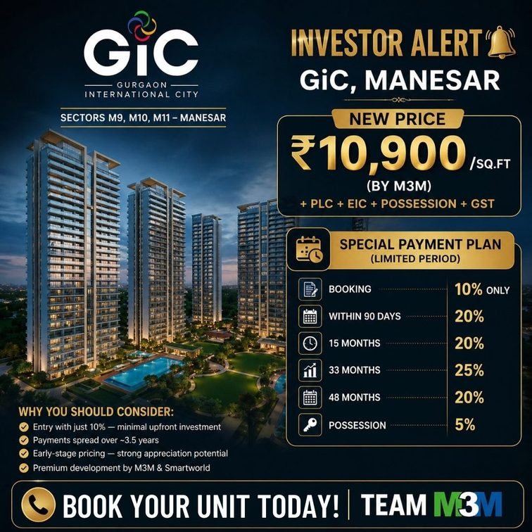 GIC Manesar investor alert creative — new price ₹10,900/sq.ft with special payment plan