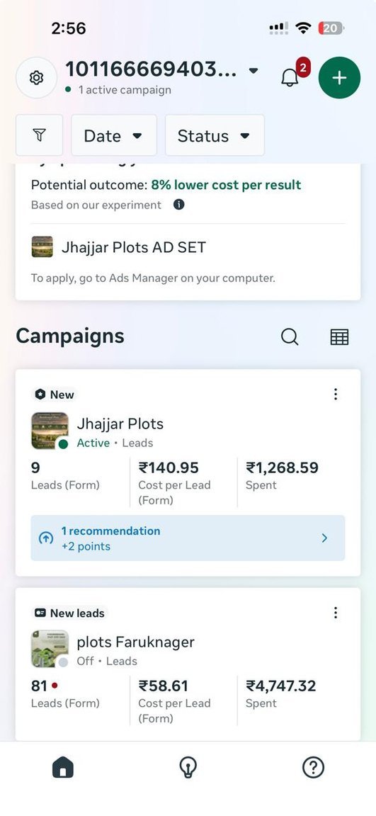 Meta Ads Manager screenshot — Jhajjar Plots campaign, 9 leads at ₹140.95 cost per lead; Faruknagar plots campaign, 81 leads at ₹58.61 cost per lead