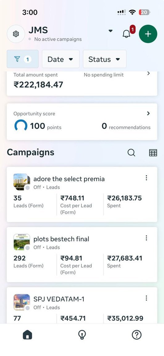 Meta Ads Manager screenshot — JMS account, ₹2,22,184 total spent, campaigns adore the select premia, plots bestech final, SPJ Vedatam-1