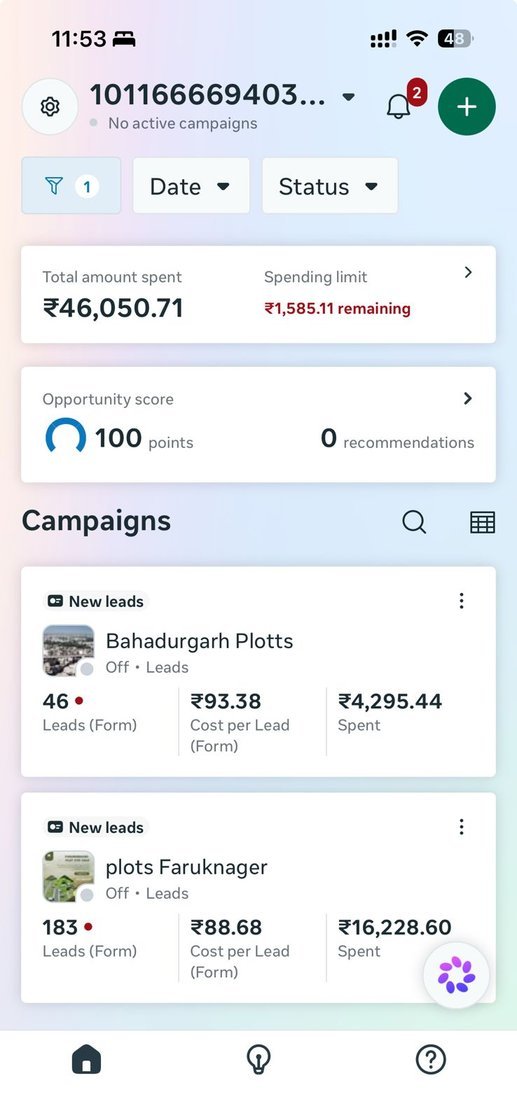 Meta Ads Manager screenshot — ₹46,050 spent, Bahadurgarh Plotts campaign 46 leads at ₹93.38 cost per lead, Faruknagar plots 183 leads at ₹88.68 cost per lead